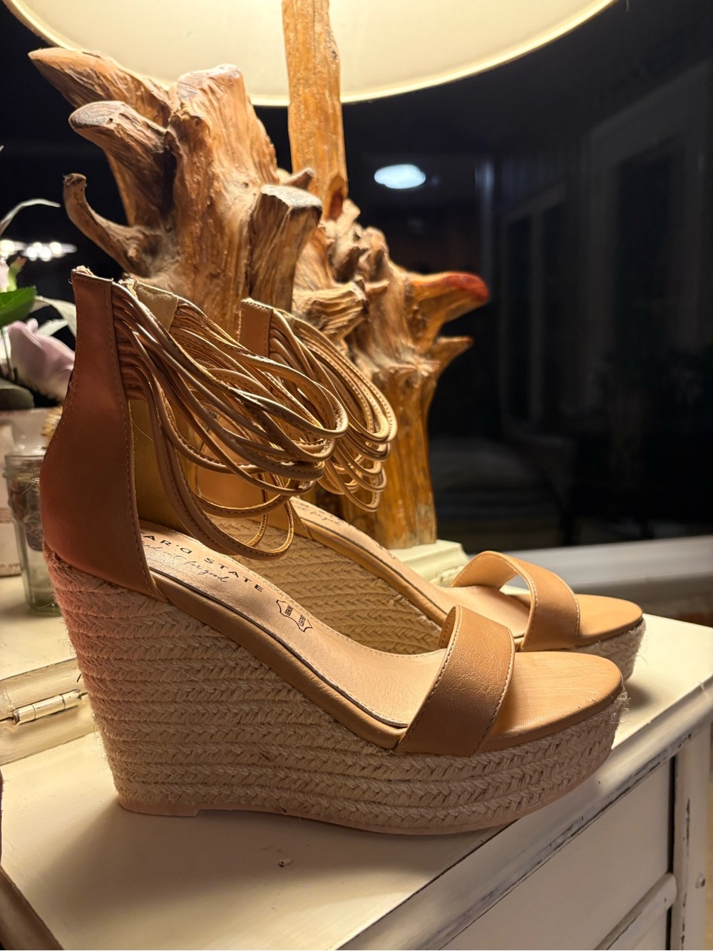 Altar’d State Sz 6 Women’s Tan Espadrille Wedge Sandals with Ankle Wrap